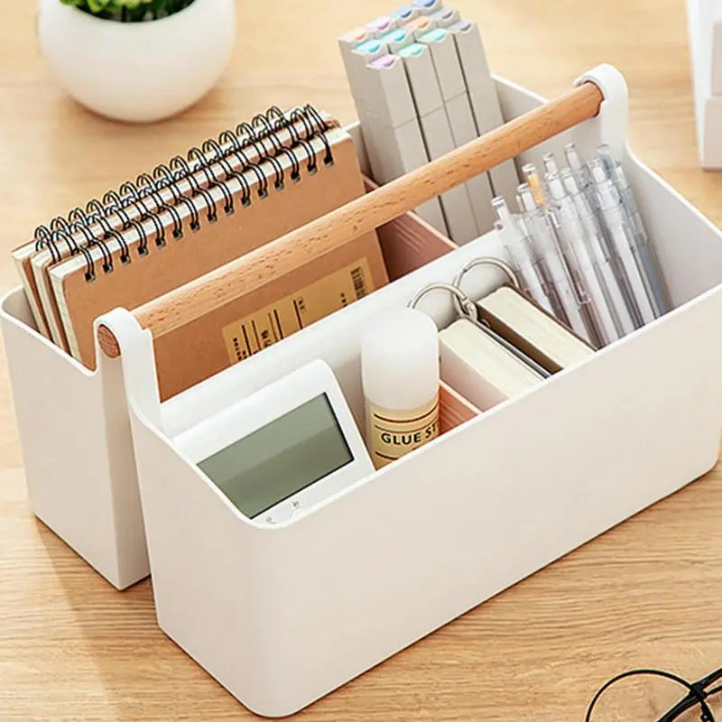 Panier de rangement portable avec poignée en bois et compartiments divisés