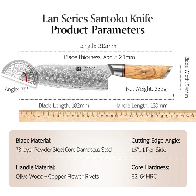 Santoku 7" cuchillo de cocina de acero Damasco 73 capas con mango de olivoCuchillosHome & Garden > Kitchen & Dining > Kitchen Tools & Utensils > Kitchen Knives > Santoku Knives