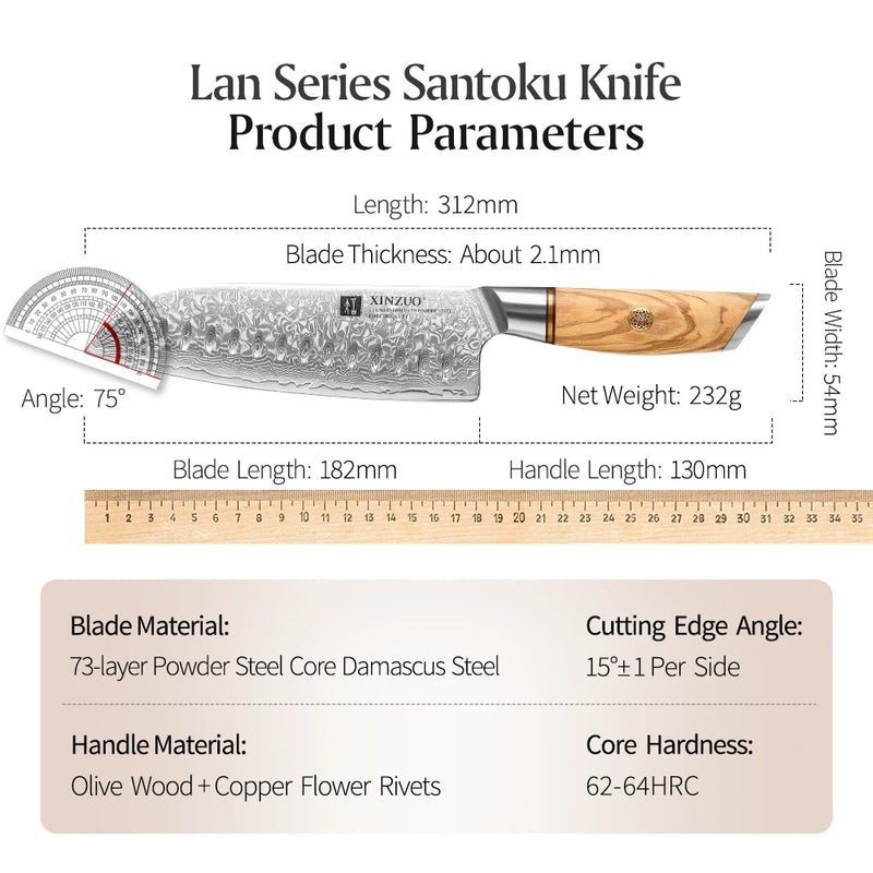 Santoku 7" cuchillo de cocina de acero Damasco 73 capas con mango de olivoCuchillosHome & Garden > Kitchen & Dining > Kitchen Tools & Utensils > Kitchen Knives > Santoku Knives