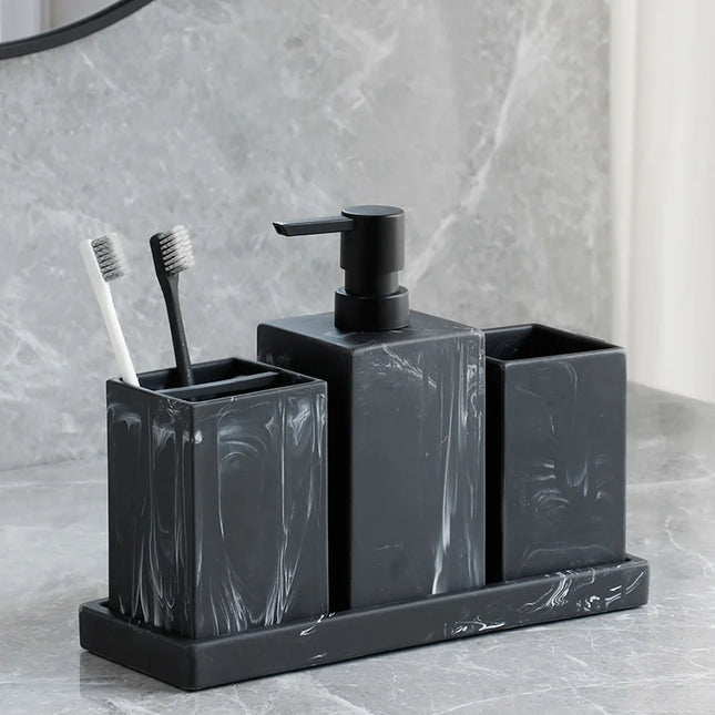 Set de 4 accesorios de baño efecto mármol | Dispensador, portacepillos, vaso y bandeja de resinaDispensadores de jabónHome & Garden > Bathroom Accessories > Bathroom Accessory Sets