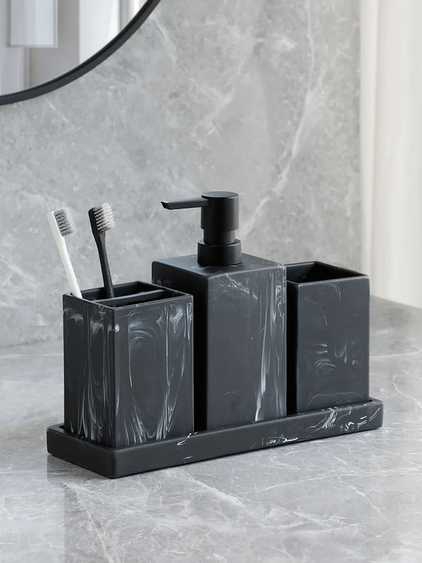 Set de 4 accesorios de baño efecto mármol | Dispensador, portacepillos, vaso y bandeja de resinaDispensadores de jabónHome & Garden > Bathroom Accessories > Bathroom Accessory Sets