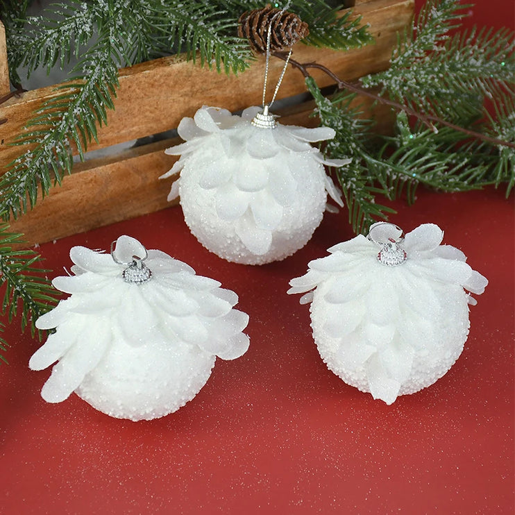 Christmas Tree Ornaments White Glitter Petal Balls 3pcs