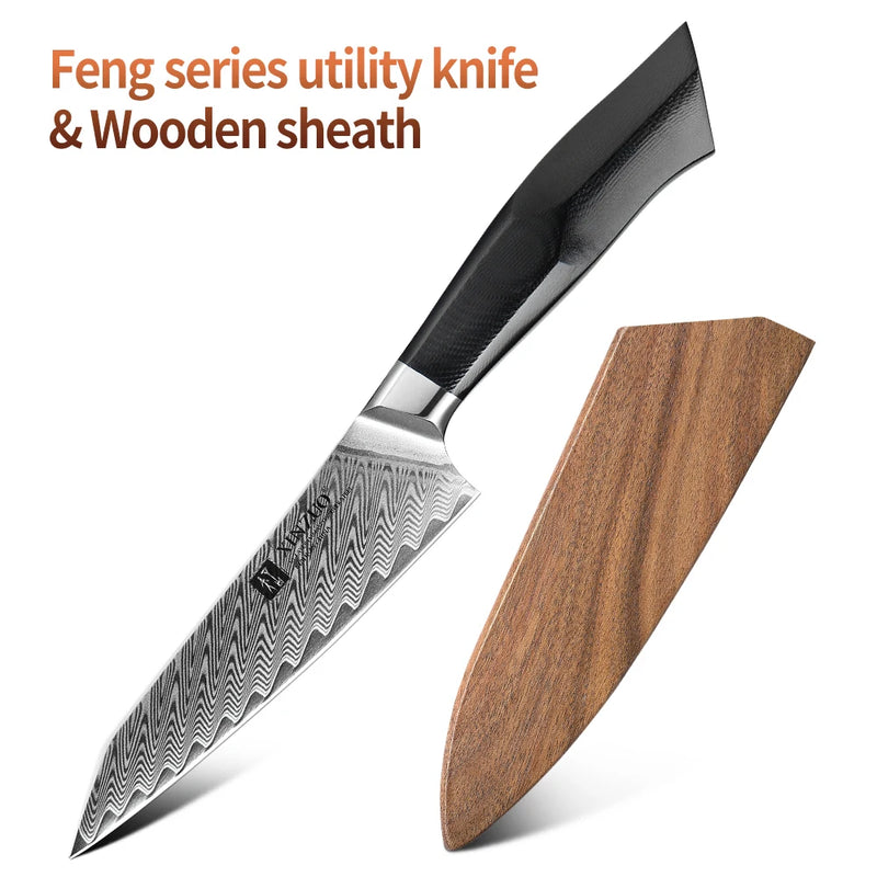 Cuchillo utilitario 5" acero damasco VG10 67 capas mango G10 negro con remache de latónCuchillosHome & Garden > Kitchen & Dining > Kitchen Tools & Utensils > Kitchen Knives