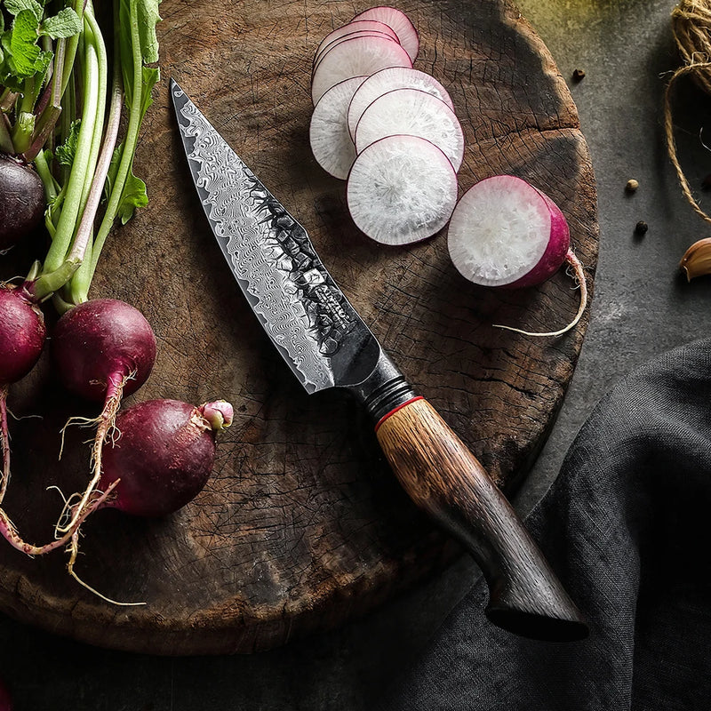 Cuchillo utilitario 5.5" de acero damasco con mango de roble blanco y G10 rojoCuchillosHome & Garden > Kitchen & Dining > Kitchen Tools & Utensils > Kitchen Knives