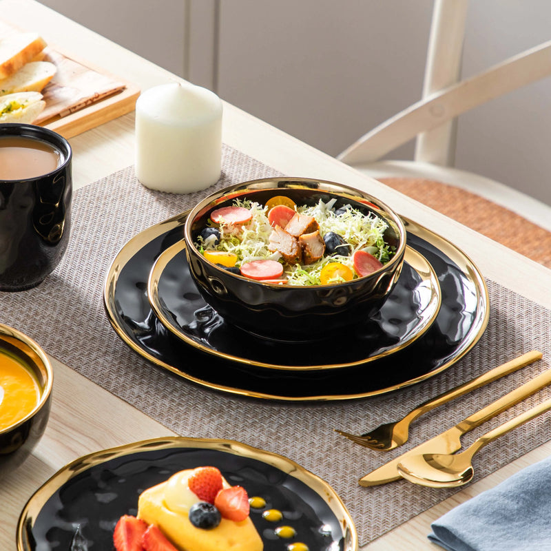 Vajilla de porcelana negra con filo dorado 16/32 piezas | plato llano, postre, cuenco y tazaVajillas completasHome & Garden > Kitchen & Dining > Tableware > Dinnerware > Dinnerware Sets
