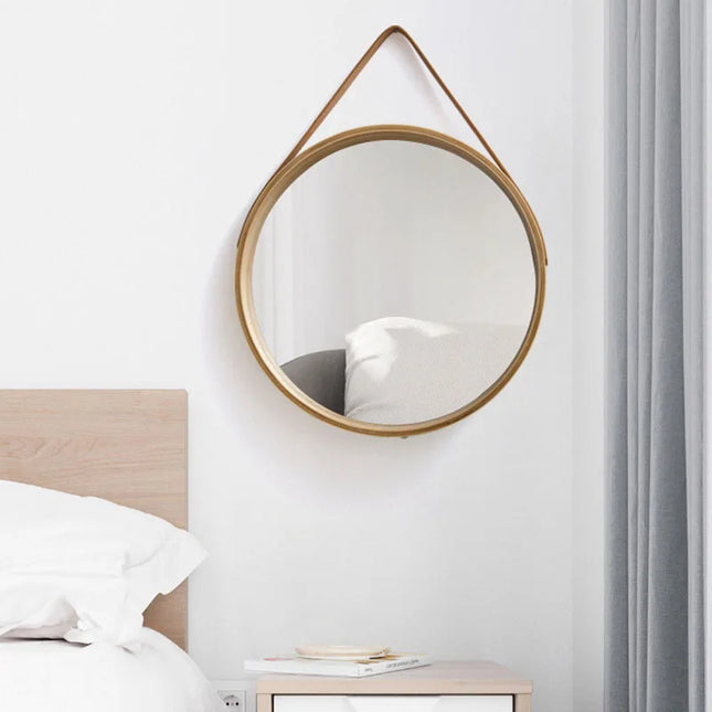 Round hanging mirror with wooden edge