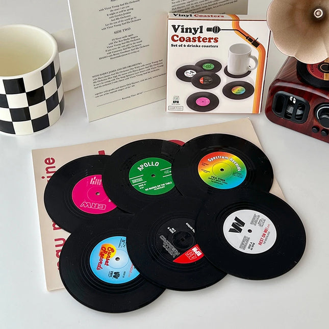 Retro coasters with vinyl record design, pack of 6 units