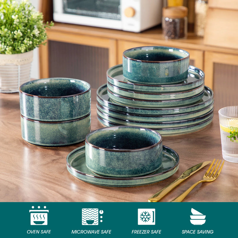 Vajilla 12/24 piezas verde–negro | gres con esmalte reactivo y borde verticalVajillas completasHome & Garden > Kitchen & Dining > Tableware > Dinnerware > Dinnerware Sets