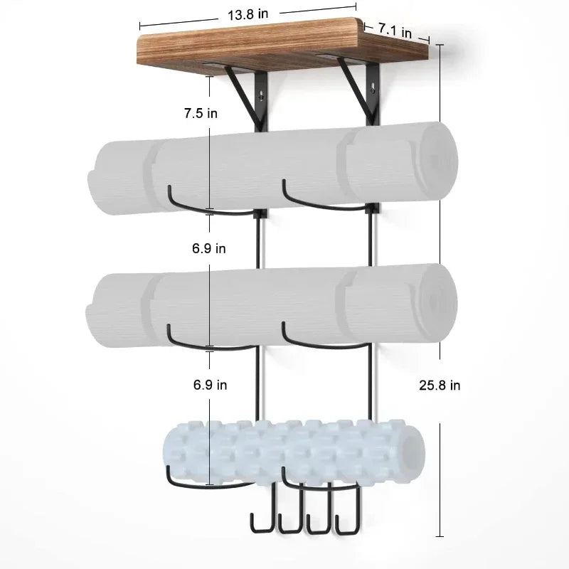 Soporte de pared para esterilla de yoga con estante de madera y ganchosEstantes