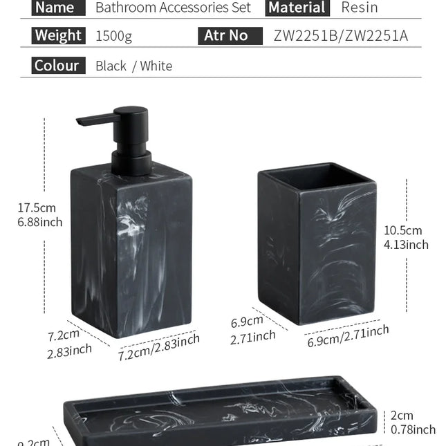 Set de 4 accesorios de baño efecto mármol | Dispensador, portacepillos, vaso y bandeja de resinaDispensadores de jabónHome & Garden > Bathroom Accessories > Bathroom Accessory Sets