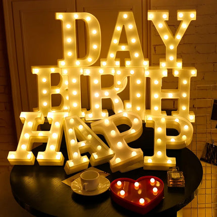 Decorative LED lights in the shape of white letters