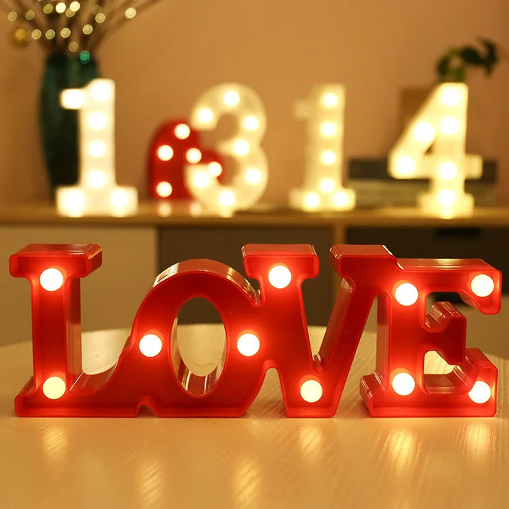 Decorative LED lights in the shape of white letters