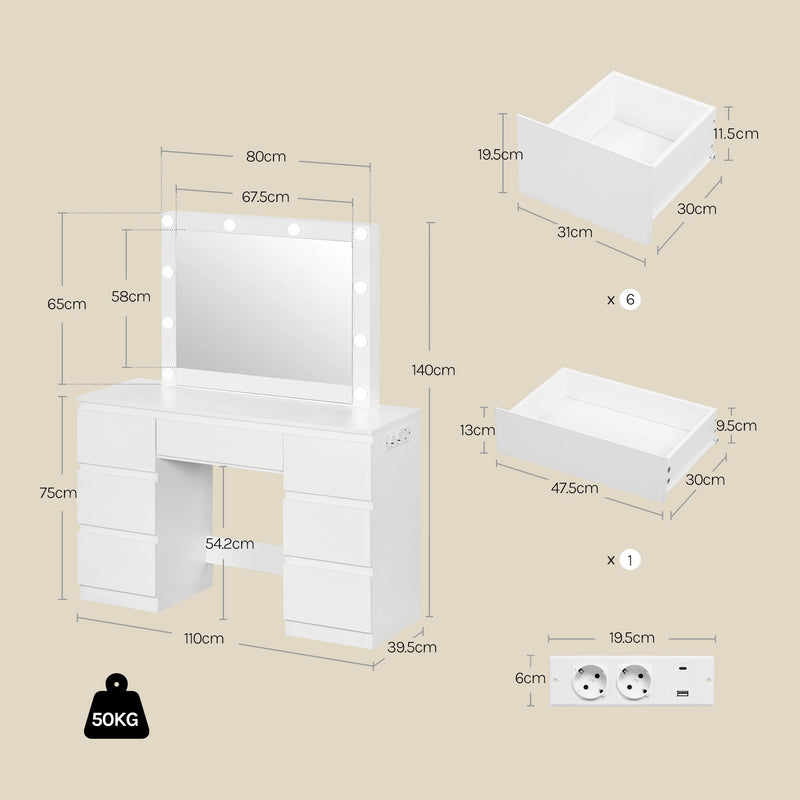 Tocador blanco con espejo LED, enchufe integrado y 7 cajonesMueblesFurniture > Cabinets & Storage > Vanities > Bedroom Vanities > Dressing Tables