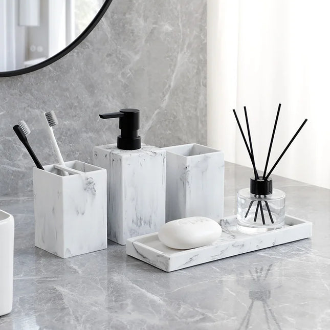 Set de 4 accesorios de baño efecto mármol | Dispensador, portacepillos, vaso y bandeja de resinaDispensadores de jabónHome & Garden > Bathroom Accessories > Bathroom Accessory Sets