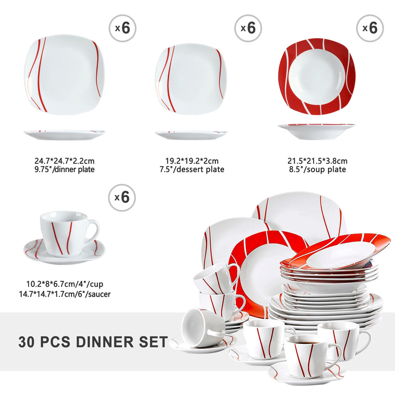 Vajilla de porcelana marfil con rayas rojas 18/30/36 piezas | servicio con platos, tazas y platillosVajillas completasHome & Garden > Kitchen & Dining > Tableware > Dinnerware > Dinnerware Sets