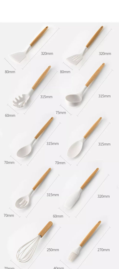 Juego de utensilios para cocina de silicona antiadherentes con mango de madera blanco, negro y gris