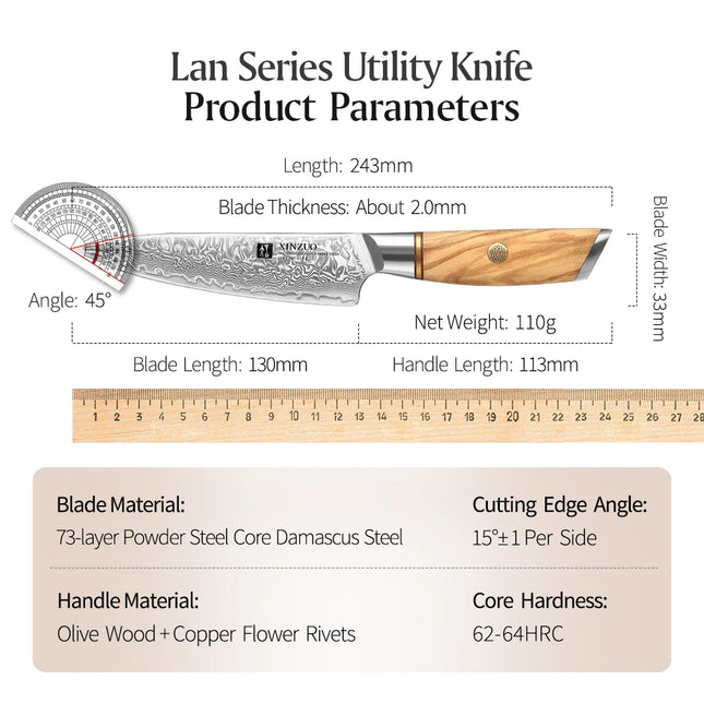 Cuchillo utilitario de 5 pulgadas acero damasco 73 capas mango de olivoCuchillosHome & Garden > Kitchen & Dining > Kitchen Tools & Utensils > Kitchen Knives