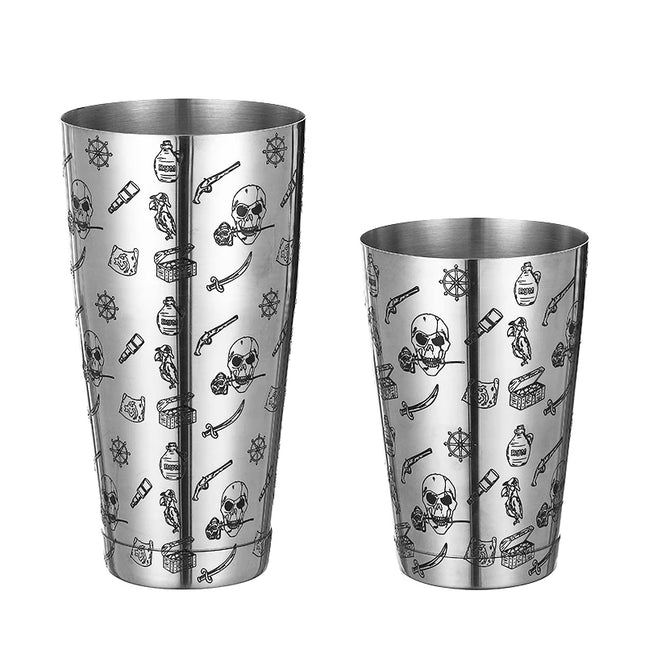 Boston-style cocktail shakers with cartoon prints