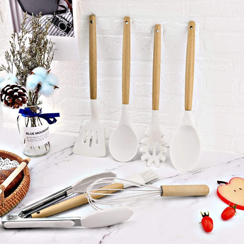 Juego de utensilios para cocina de silicona antiadherentes con mango de maderaUtensilios de cocinaHome & Garden > Kitchen & Dining > Kitchen Tools & Utensils > Kitchen Utensil Sets