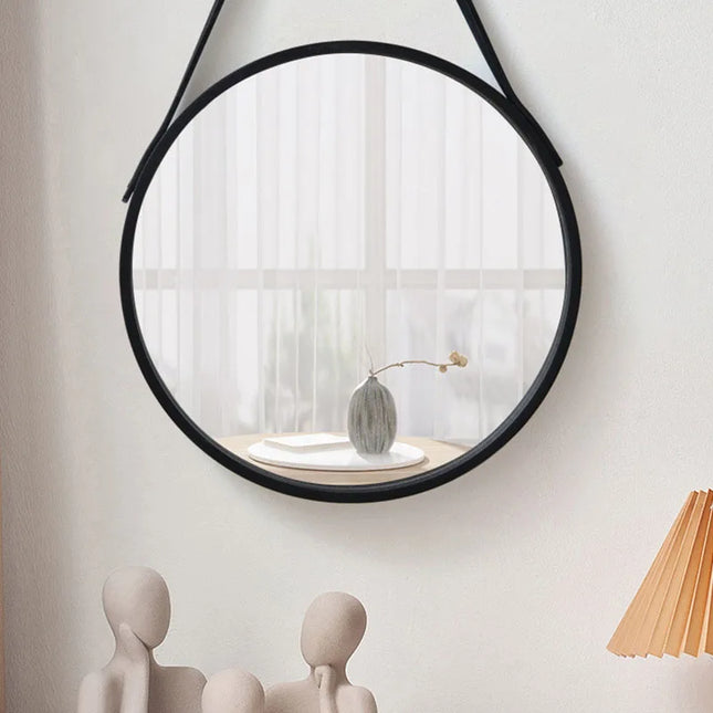 Round hanging mirror with wooden edge