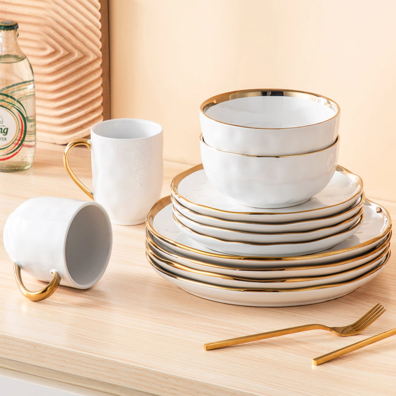 Vajilla artesanal blanca con filo dorado 16/32 piezas | gresVajillas completasHome & Garden > Kitchen & Dining > Tableware > Dinnerware > Dinnerware Sets