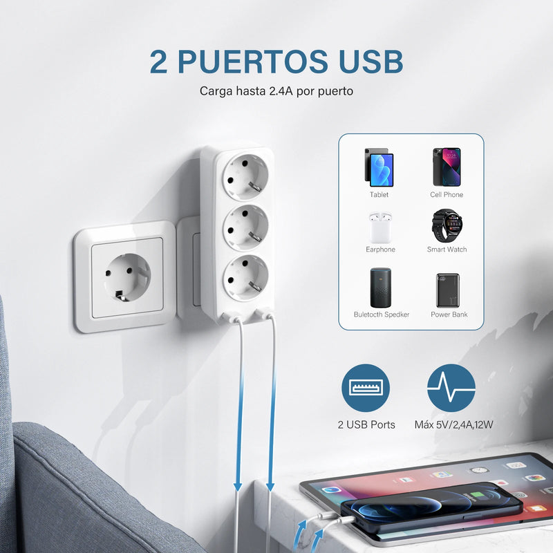 Extensor de enchufe de pared 5 en 1 (3 tomas + 2 USB) 4000 W 16 ARegletasElectronics > Electronics Accessories > Power > Power Strips & Surge Suppressors
