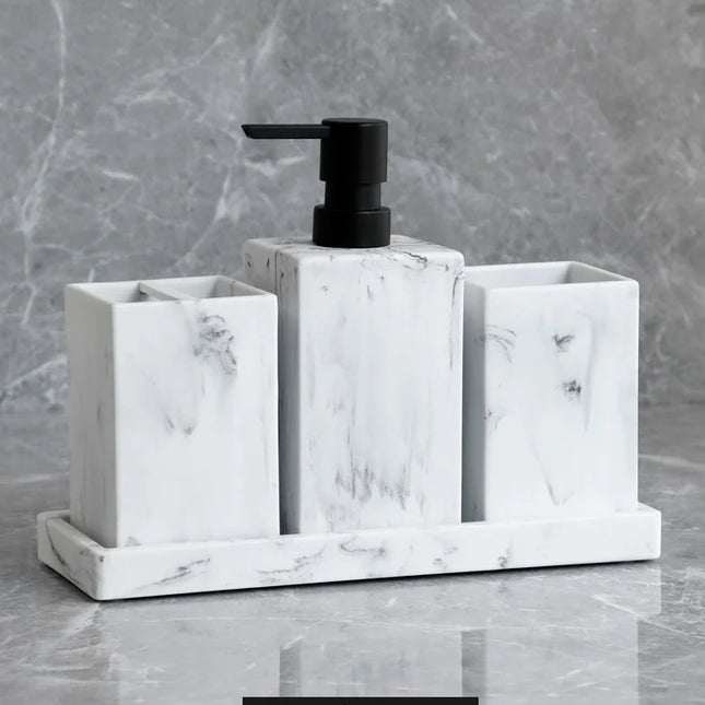 Set de 4 accesorios de baño efecto mármol | Dispensador, portacepillos, vaso y bandeja de resinaDispensadores de jabónHome & Garden > Bathroom Accessories > Bathroom Accessory Sets