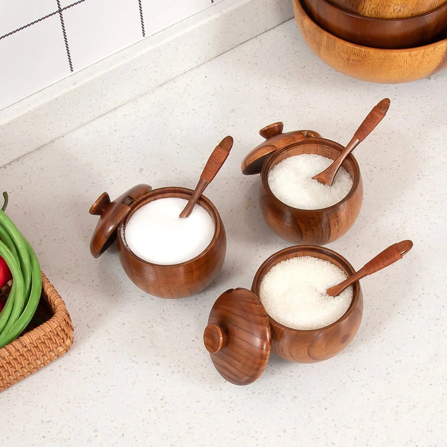 Recipientes de madera para sal o azúcar con tapa, cuchara y opción a bandeja