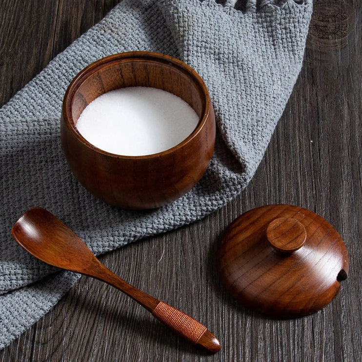 Recipientes de madera para sal o azúcar con tapa, cuchara y opción a bandeja