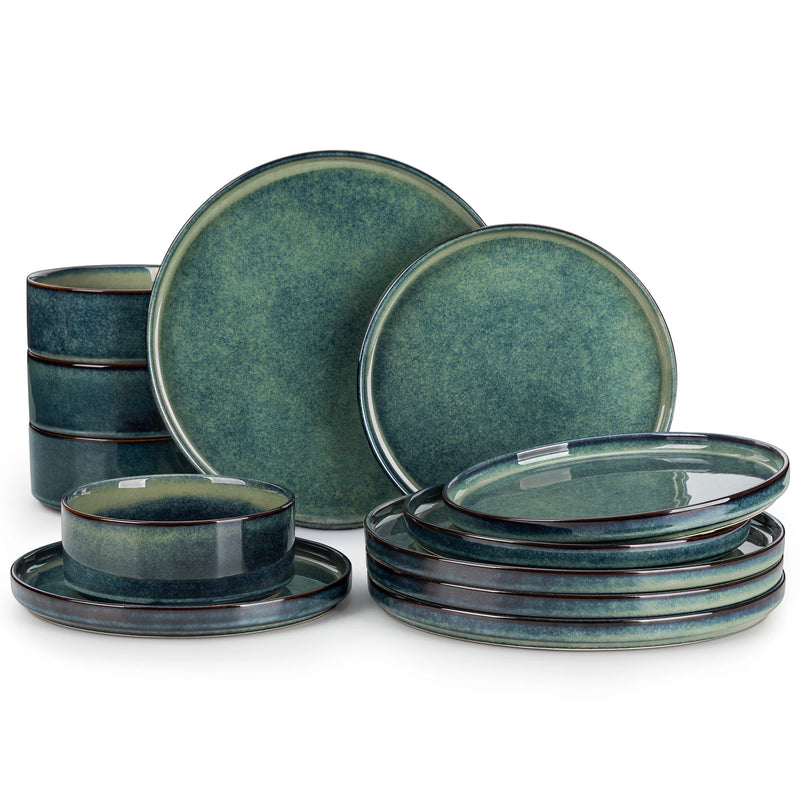 Vajilla 12/24 piezas verde–negro | gres con esmalte reactivo y borde verticalVajillas completasHome & Garden > Kitchen & Dining > Tableware > Dinnerware > Dinnerware Sets