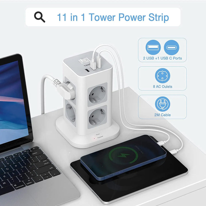 Regleta torre vertical 11 en 1 con protección contra sobretensiones (8 tomas + 2 USB-A + USB-C) cable 2 mRegletasElectronics > Electronics Accessories > Power > Power Strips & Surge Suppressors
