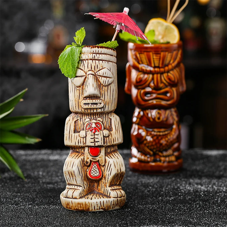 Jarras y vasos tiki de cerámica con inspiración hawaiana de 300 a 700 ml