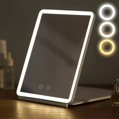Espejo de maquillaje plegable con pantalla táctil en 3 colores de modos de luz LED recargable por USB