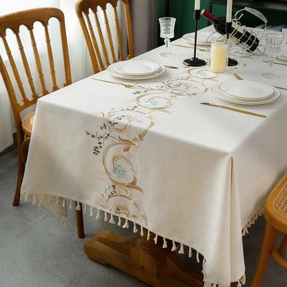 Rectangular Linen Tablecloth with Flower Vines