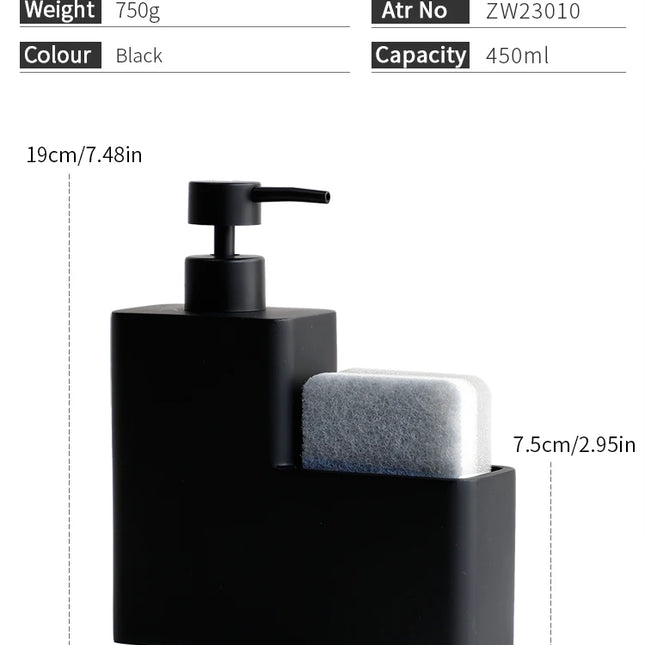 Dispensador de jabón de cocina 450 ml | Botella negra de resina con soporte para esponja | Dosificador líquido para platos o bañoDispensadores de jabónHome & Garden > Bathroom Accessories > Soap & Lotion Dispensers