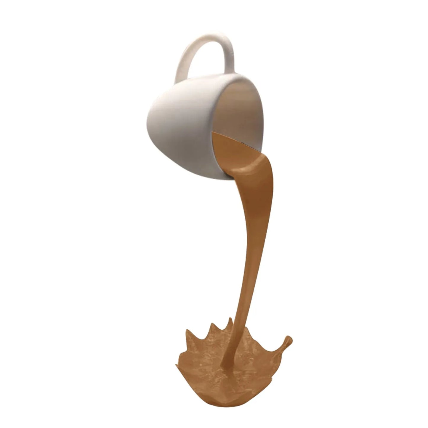 Escultura de taza de café flotante con derramamiento y salpicaduras, decoración creativa