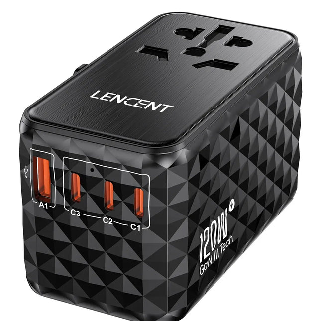 Adaptador de viaje universal GaN 120 W con 3 USB-C, 1 USB-A y toma AC (EU/UK/US/AUS)RegletasElectronics > Electronics Accessories > Power > Power Adapters & Chargers