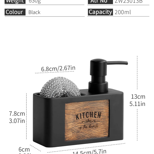 Dispensador de jabón de cocina 200 ml | Botella de resina negra con soporte para esponja | Dosificador líquido para platos y manosDispensadores de jabónHome & Garden > Bathroom Accessories > Soap & Lotion Dispensers