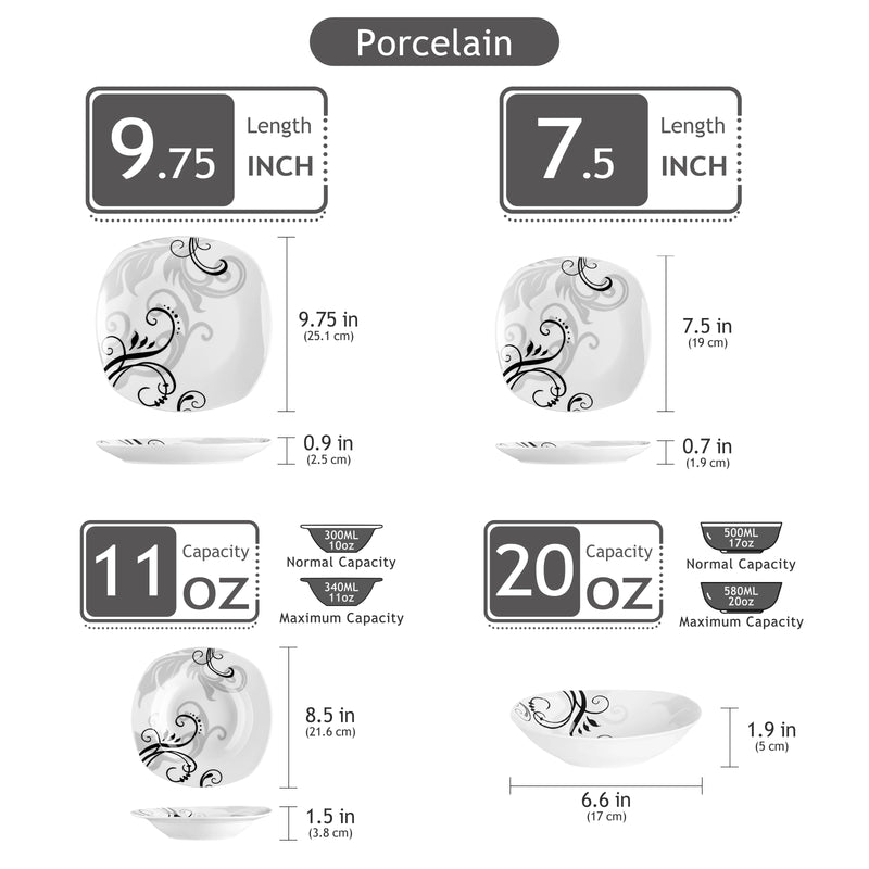 Juego de vajilla de porcelana 24/48 piezas con diseño negro | platos y cuencos aptos para lavavajillas y microondasVajillas completasHome & Garden > Kitchen & Dining > Tableware > Dinnerware > Dinnerware Sets
