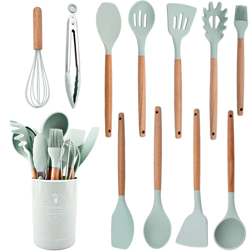 Juego de utensilios para cocina de silicona antiadherentes con mango de maderaUtensilios de cocinaHome & Garden > Kitchen & Dining > Kitchen Tools & Utensils > Kitchen Utensil Sets