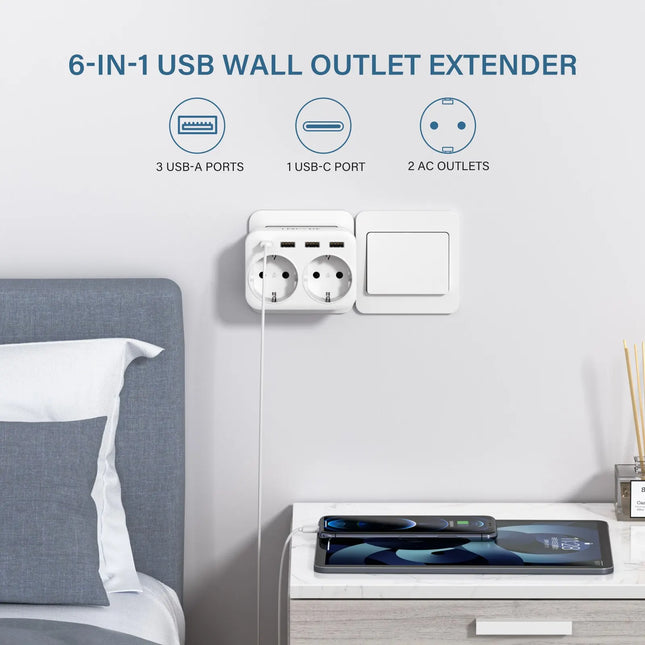 Extensor de enchufe de pared 6 en 1 (2 AC + 3 USB + USB-C) 4000 W 16 ARegletasElectronics > Electronics Accessories > Power > Power Strips & Surge Suppressors