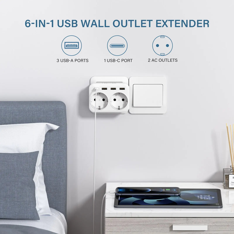 Extensor de enchufe de pared 6 en 1 (2 AC + 3 USB + USB-C) 4000 W 16 ARegletasElectronics > Electronics Accessories > Power > Power Strips & Surge Suppressors
