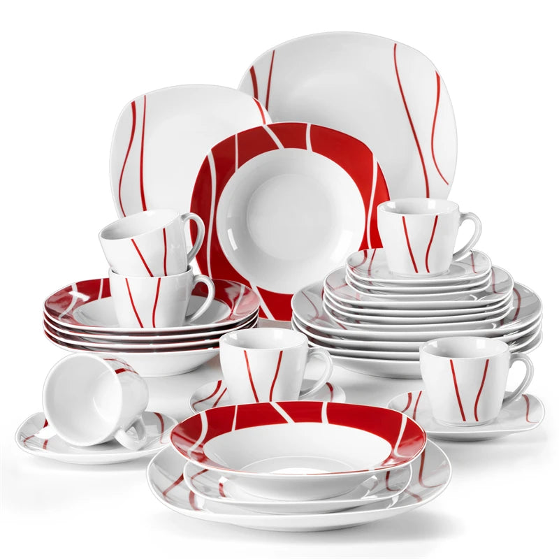 Vajilla de porcelana marfil con rayas rojas 18/30/36 piezas | servicio con platos, tazas y platillosVajillas completasHome & Garden > Kitchen & Dining > Tableware > Dinnerware > Dinnerware Sets