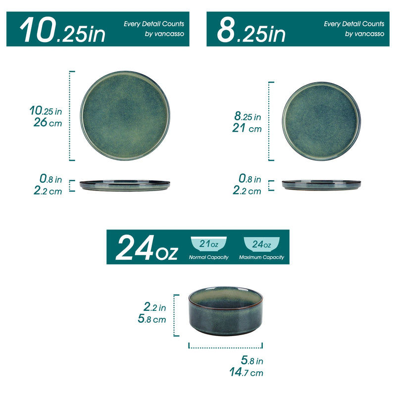 Vajilla 12/24 piezas verde–negro | gres con esmalte reactivo y borde verticalVajillas completasHome & Garden > Kitchen & Dining > Tableware > Dinnerware > Dinnerware Sets