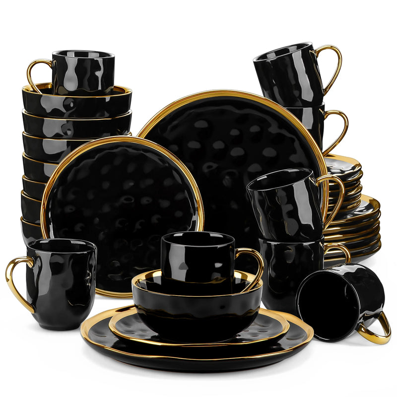 Vajilla de porcelana negra con filo dorado 16/32 piezas | plato llano, postre, cuenco y tazaVajillas completasHome & Garden > Kitchen & Dining > Tableware > Dinnerware > Dinnerware Sets