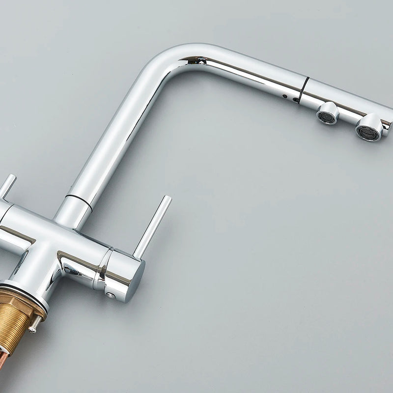 Grifo de cocina mezclador doble manija de latón cromado con filtro de agua 3-VíasGrifosHardware > Plumbing > Plumbing Fixtures > Faucets > Kitchen Sink Faucets