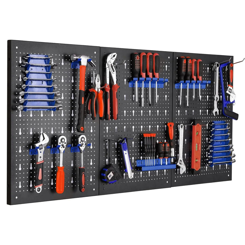 Panel perforado metálico 117 × 55 cm con 17 ganchos | Organizador de pared para herramientas (3 paneles)Paneles perforadosHardware > Hardware Accessories > Tool Storage & Organization