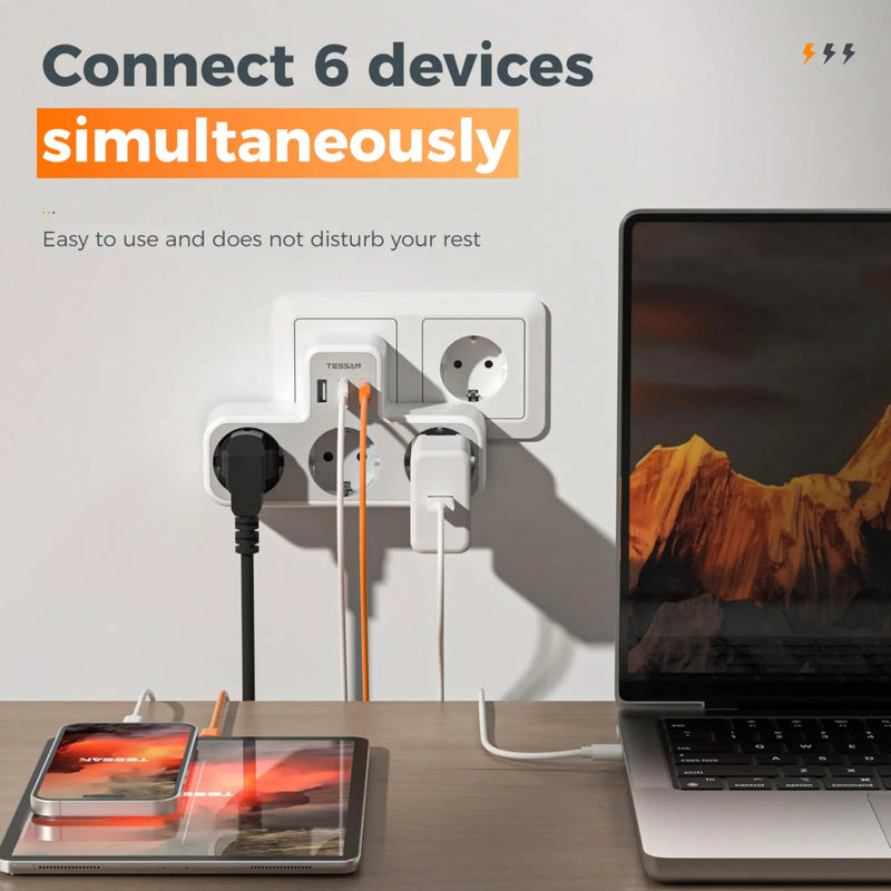 Regleta de enchufe múltiple 6 en 1 con 3 tomas + 2 USB-A + USB-C (estándar UE)RegletasElectronics > Electronics Accessories > Power > Power Strips & Surge Suppressors