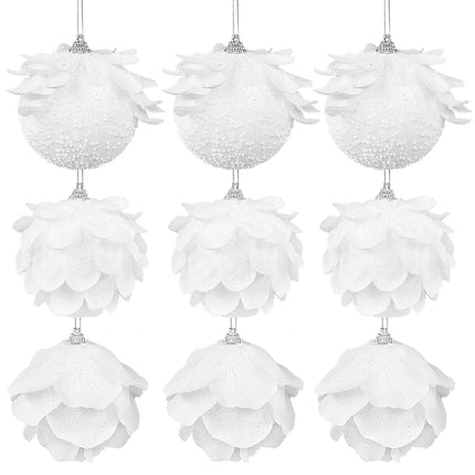 Christmas Tree Ornaments White Glitter Petal Balls 3pcs