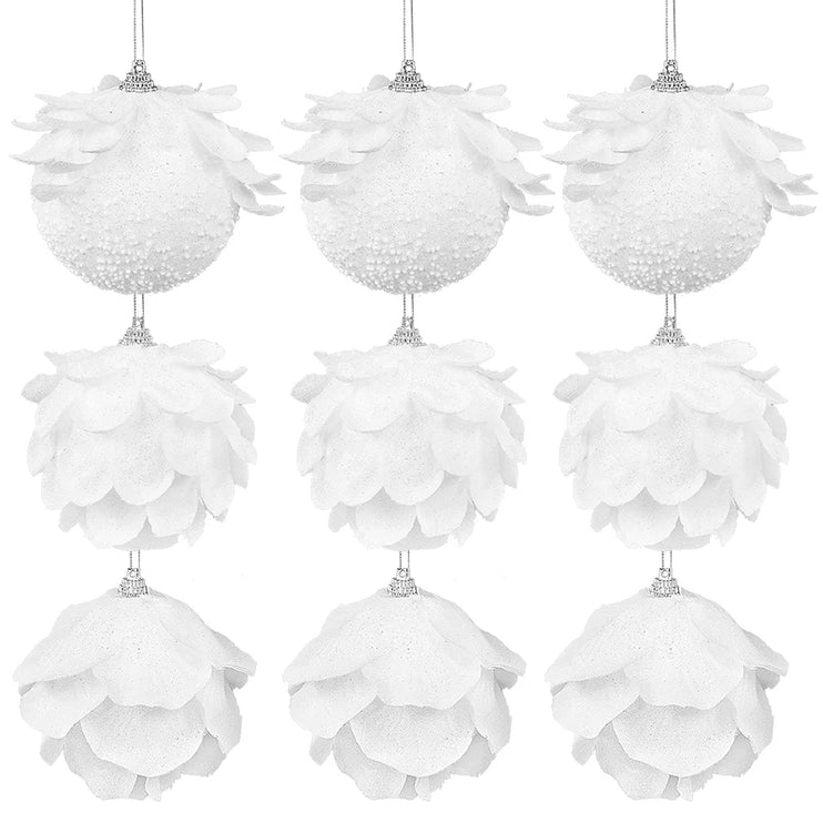 Christmas Tree Ornaments White Glitter Petal Balls 3pcs